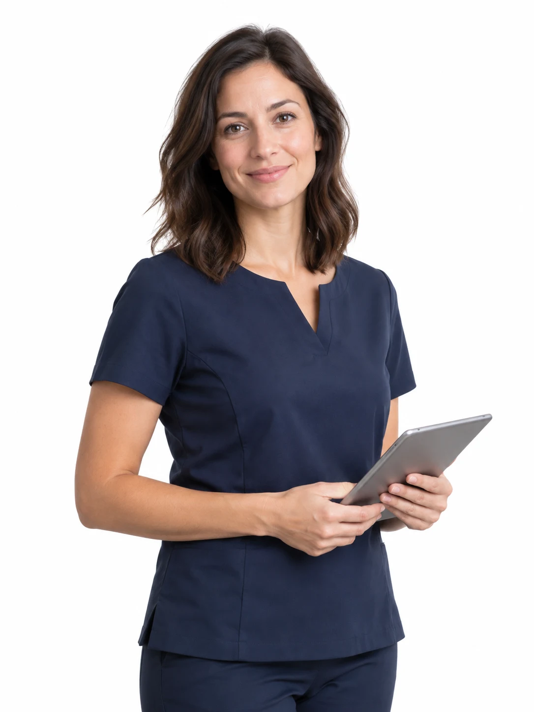 Illustrative portrait of an independent healthcare professional holding a tablet